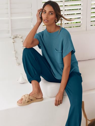 Image of ANRABESS Women's Two Piece Outfits Sweater Sets Knit Pullover Tops and High Waisted Pants Tracksuit Lounge Sets