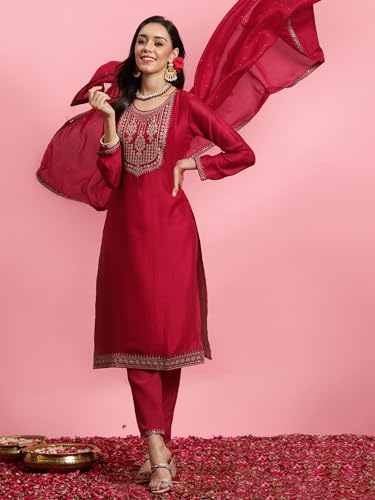 Image of INDO ERA Women's Embroidered Silk Blend Calf Length Straight Kurta Trouser with Dupatta Set (IEOUT7391)