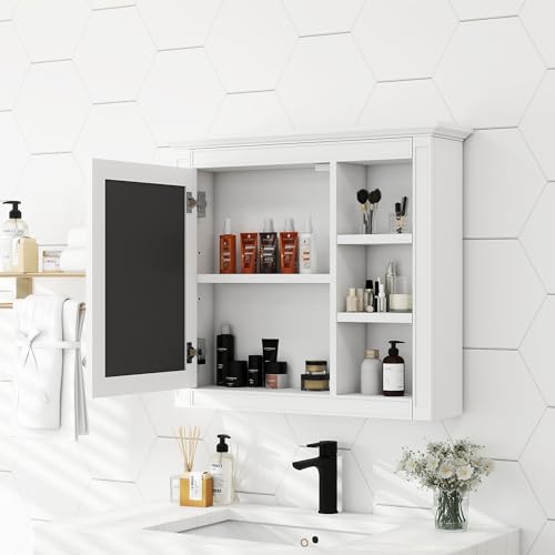 Armario de medicina para baño Merax con espejo, armario de almacenamiento para baño montado en pared con puerta espejada y 3 estantes ajustables, armario ahorrador de espacio sobre el inodoro miniatura 3