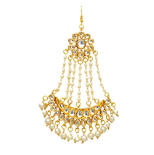 Image of Kundan Wedding Jhumar Passa /jhoomar Maang Tikka /Brooch for Women Girls Hair Chain (Gold)