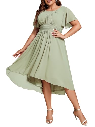 Image of Ever-Pretty Women's Plus Size Formal Wedding Guest Dresses for Curvy Women A Line Chiffon Midi High Low Cocktail Dress
