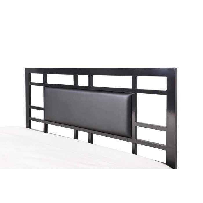 Image of Vegan Leather Metal Open-Frame Bed (or Upholstered Vegan Leather Metal Platform Bed) Geometric Open-Frame Grid Pattern on Both Headboard and Footboard.