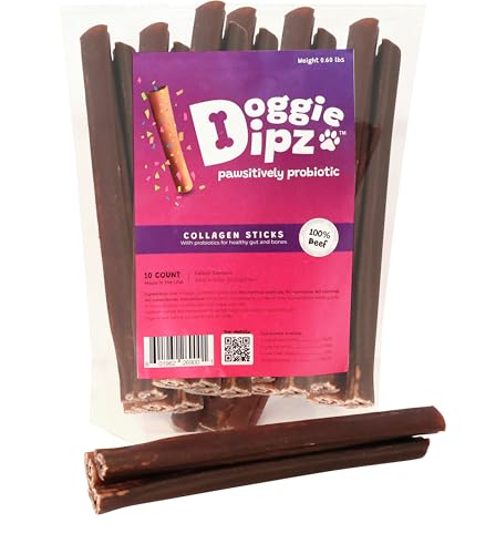 Doggie Dipz Beef Collagen Sticks for Dogs &ndash; 10 Pack - 6&rdquo; Sticks - Healthy Dog Chew Treats with...