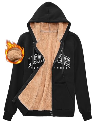 FemiChic Hoodie Damen Fleecejacke Jacke Herbst Winter Sweatjacke mit Kapuze Warm Damen-Jacken Pullover Gross Grössen Kapuzenpullover Sweatshirt mit Zipper(Schwarz,M)