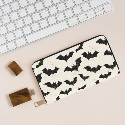 Leather Thin Slim Wallets for Women Men - Fashion Cute Bat Black Print Card Wallet Holder with Zipper4