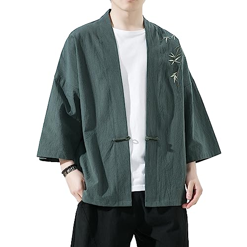 Image of Mens Kimono Cardigan Cotton Linen Japanese Shirt 3 /4 Sleeve Haori Yukata | Skin-Friendly Solid Color Lightweight Shawl Collar Kimono Robe Embroidery Button Tie Pockets Happi Coat All Season Daily Wear