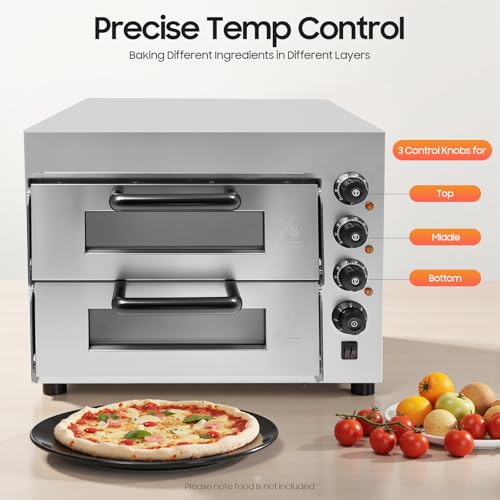 Forno per pizza, 3 KW professionale a doppia camera con timer 0-60 minuti, 50 – 350 °C in acciaio inox con 2 piastre di cordierite, superiore, centro e calore inferiore - immagine 6