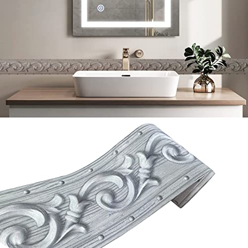 Yija Pvc Self Adhesive Silver 3D Flowers Waterproof Wall Border Decor Removable Kitchen Bathroom Tiles Stciker 4 X196.8 Inch #TOP3