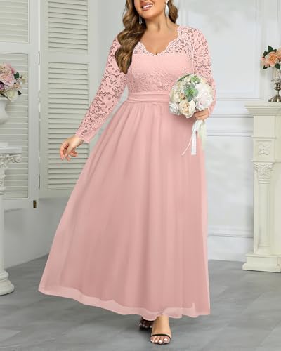 Image of Talisea Plus Size Formal Wedding Dresses - Gowns Evening Prom Elegant V Neck Long Sleeve Lace Chiffon Long Maxi Dress