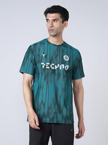 Image of TECHNOSPORT Men Cricket Fan T-Shirt IPL Printed Casual Sportswear Tee Typography Print Slim Fit Round Neck Short Sleeve Polyester Sports Tshirt for MenIPL MensJersey