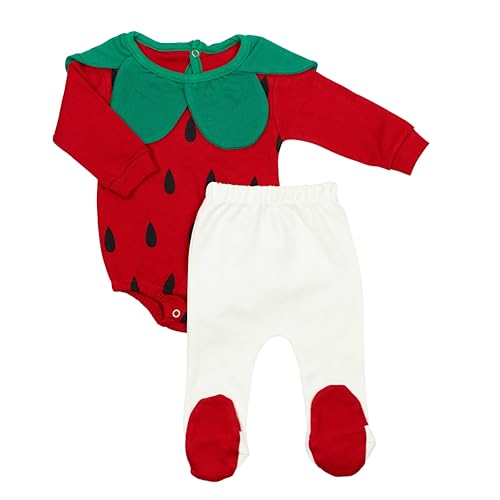 Image of Baby Longsleeve Romper, Jumpsuit & Footed Pant Strawberry Costume Outfit For Infants (2 Pieces) Boys Girls Kids