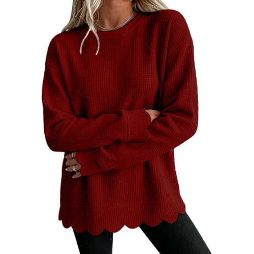 Womens Waffle Knit Top Long Sleeve Crewneck Fall Scalloped Sweatshirt 2026 - image 1