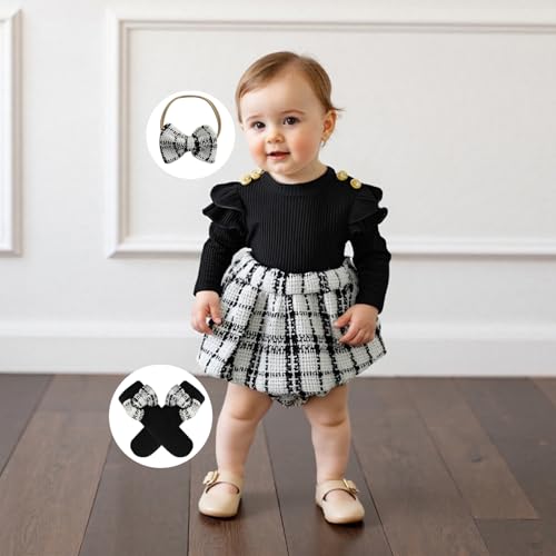 Newborn Baby Girl Holiday Outfit Long Sleeve Plaid Skirt Romper Dress Headband Socks Set Fashion Fall Winter Clothes3