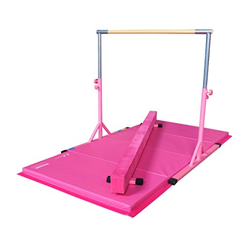 Z ATHLETIC Expandable Kip Bar for Gymnastics, 4ft x 8ft x 2in Mat, & 7” Off Ground Balance Beam Set (Pink), ZATH-KIP-4x8x2-OGB7-PINK