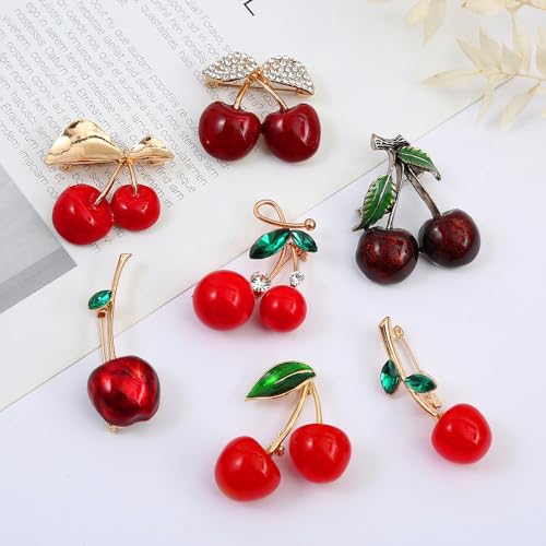 Image of Cherry Brooch Pin 3D Cute Red Cherry Lapel Brooches Pin Dainty Crystal Cherrys Fruit Pins Brooch for Women Men Birthday Jewelry Gift Bag Hat