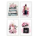Nacnic Set de 4 Cuadros de Maquillaje y Cosmética Impresión Belleza Flores, Bolso, Perfume, Lápiz Labial ilustración para decorar las paredes del Inodoro, Tocador, Baño, Vestidor Salón A3 Marco Blanco