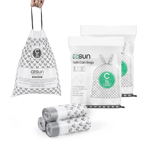 Image of Cesun Code C Drawstring Trash Bags 90 Count, Pre Cut 1.3 Gallon / 5 Liter Small Trash Can Liners, White