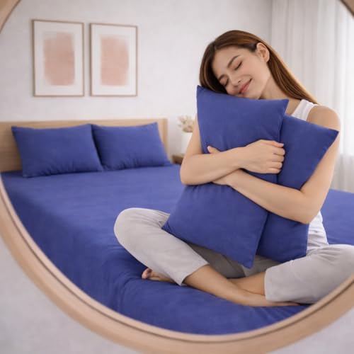 Image of THE HOME STYLE Solid Plain Cotton Feel Fitted Bedsheet (72x78 inches) with Reversible Comforter (90x100 inches) | King Size | 2 Pillow Covers | 300 TC | 4-Piece Bedding Set (Blueberry)