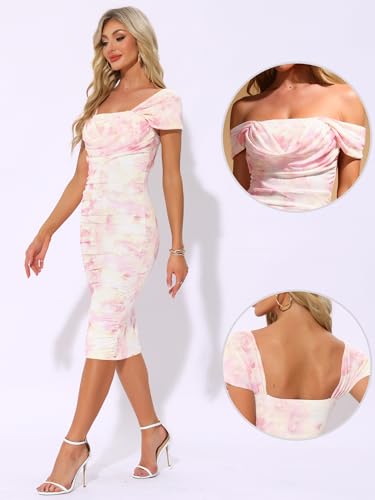 Image of Allegra K Midi Ruched Dress for Women's Cocktail Bodycon Square Neck Printed Dresses
