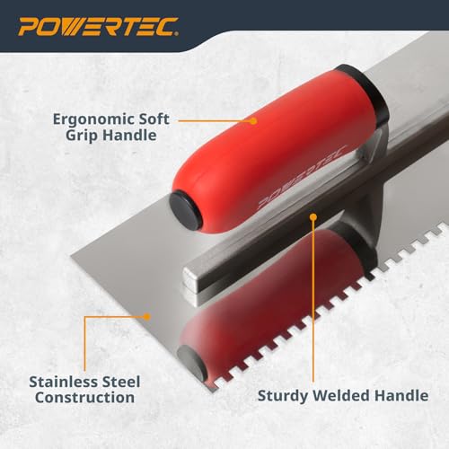 Image of POWERTEC Square Notch Trowel - 3 /16 inch x 3 /16 inch Stainless Steel Square-Notch Tile Trowel with Soft Grip Handle for Thinset Mortar, Mastic & Tile Installation Work (72206)