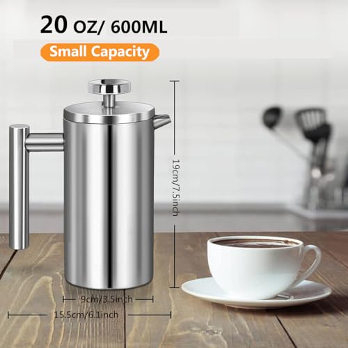 Image of French Press Coffee Maker, 600ml /20oz Silver Stainless Steel Coffee Press, Double-Wall Insulated, Food Grade & Rust-Free, Included 2 Extra Filters, Dishwasher Safe