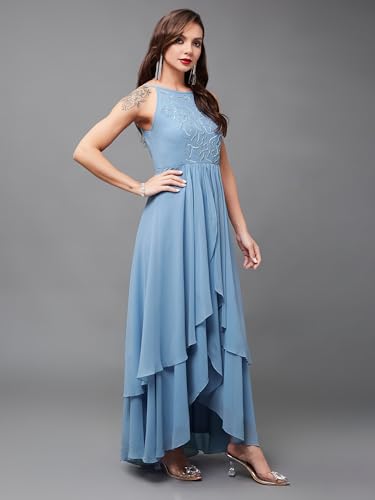 Image of Miss Chase Women's Round Neck Sleeve Embellished Fit Flare Maxi Dress