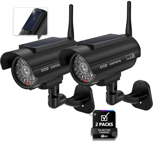 WALI Dummy Fake Camera, Solar Powered Fake Security Camera with LED Light, Simulated Surveillance Security CCTV Dome Cameras with Antenna and Warning Sticker Indoor Outdoor (SOL-TCB2), 2 Packs, Black by WALI - Used condition - US$21.30
