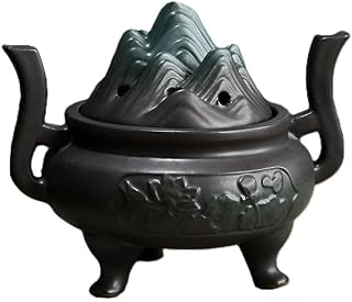 Traditional Chinese Ceramic Incense Burner, Triple-Footed Design with Lion Lid, Black Decorative Censer for Home and Tea Ceremony, 15cm Width x 13.5cm Height (Small Hill Cover)