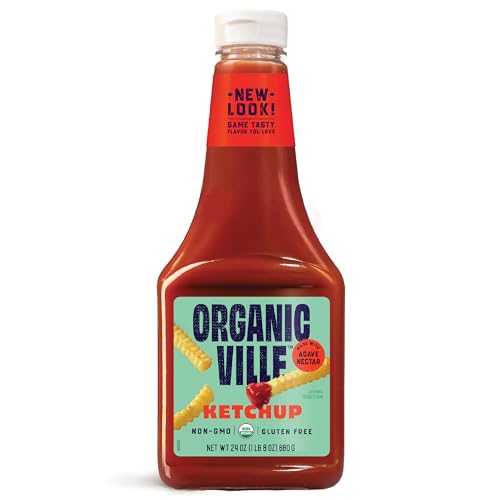 Organicville Organic Ketchup - Tomato Ketchup, Gluten Free, Non-GMO, Vegan, USDA Organic, Made with Agave Nectar, Plant-Based Ketchup, Squeeze Bottle - 24 Oz
