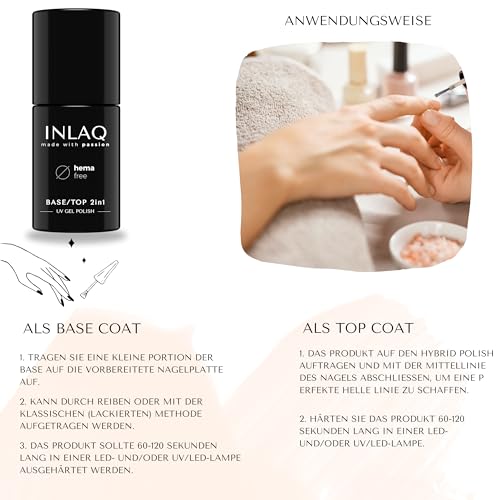 INLAQ® HEMA Free Base Top 2in1 - UV Base & Top Coat Premium - Gel Nail Polish - Base Coat und Top Coat Gel UV Nagellack Free von Hema und Di Hema 6ml
