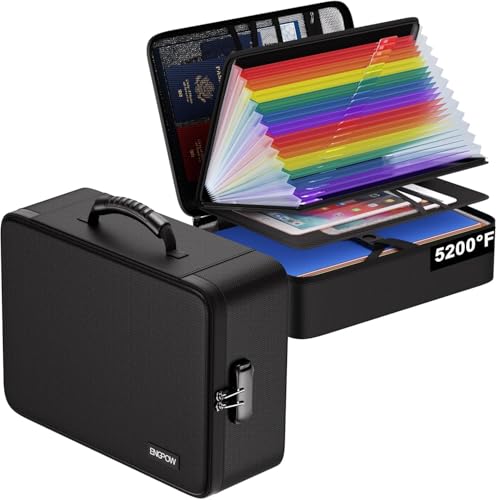 Porte-documents ignifuge 5200℉ A4 - Boîte de rangement avec 25 compartiments et serrure - Porte-documents portable pour la maison et le bureau - Rangement...