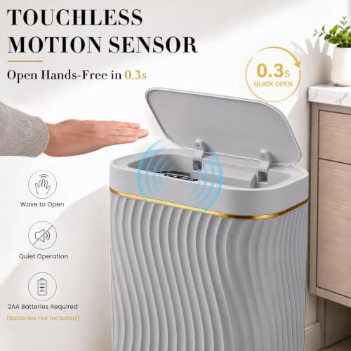Image of Ogikey Bathroom Small Trash Can with Automatic Touchless Lid, 2.6 Gallon Smart Garbage Can Narrow Waterproof Trash Bin for Bedroom, Office, Living Room (2.6 Gallon-Grey)