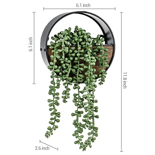 Mygift Burnt Wood And Black Metal Round Hanging Wall Planter With Artificial String Of Pearls, Wall Mounted Circle Design Planter With Fake Succulent Plant #TOP3