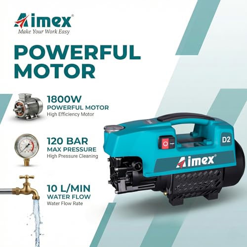 Image of Aimex D2 1800W High Pressure Washer 120 Bar, 10L /Min Flow, 8m Hose Pipe, Portable Car Washer Machine, Power Washer for Car, Bike & Home Cleaning