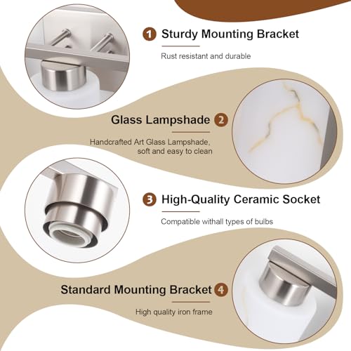 Image of 3-Light Bathroom Light Fixtures, Modern Vanity Lights, Brushed Nickel Metal Wall Lamp with White Marble Glass for Bathroom, Mirror, Living Room, Bedroom, Cabinet, Porch, Hallway, E26 Base
