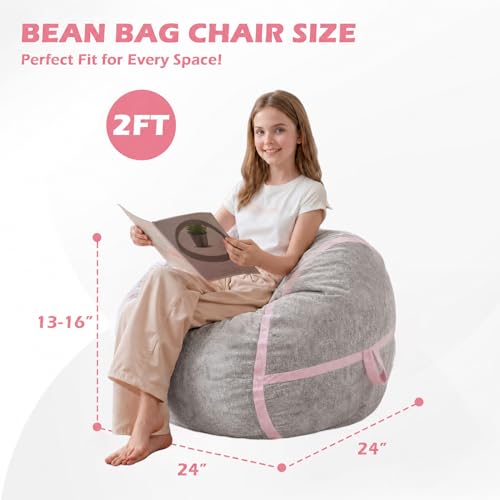 Image of 2FT Bean Bag Chair 2'Bean Bag Chairs with Memory Foam Filled Small Bean Bag | Bean bags with Washable Cover Luxurious Velvet Fabric, Comfy Chairs for Living Room, Bedroom, Dorm, Lightgrey with Pink