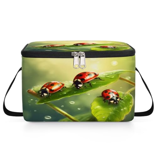 GzLeyigou Insect Ladybugs Lunch Bags for Women Men 9 Cans, Hot & Cold Food Delivery Bag Insulated Grocery Bag Insulated Lunch Box Green Leaves Cooler Bag for Office Work Picnic Beach