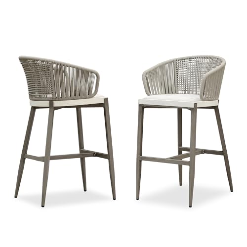 PURPLE LEAF Outdoor Rattan Bar Height Stools Set of 2 Modern Patio Metal Wicker Barstools Boho Aluminum Woven Bar Chairs with Wraparound Arm Backrest for Kitchen Island Garden Indoor Champagne
