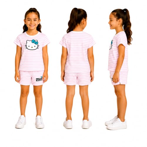 Image of Hello Kitty Girls Short Set - 2 Piece Short Sleeve Graphic Tee and Shorts Clothing Outfits (Sizes: 2T-12)