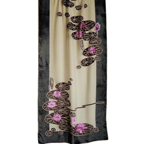 Silk Base Burn-out Velvet Oblong Shawl Scarf, Flora Lotus Pattern, Black, Fuchsia Velvet on Beige Sheer3
