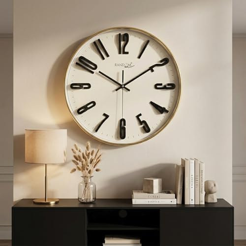 Image of RANDOM Premium Wall Clock, Black Plastic Frame, Gold 3D Numbers, 32 cm, Silent Sweep, HD Reinforced Glass (Golden)