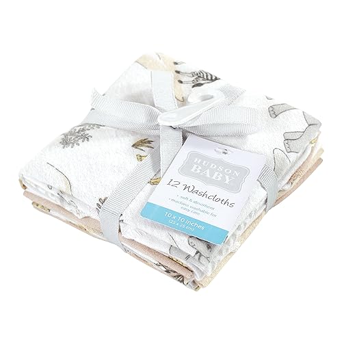 Image of Hudson Baby Unisex Baby Flannel Cotton Washcloths 12-Pack, Neutral Safari World, One Size