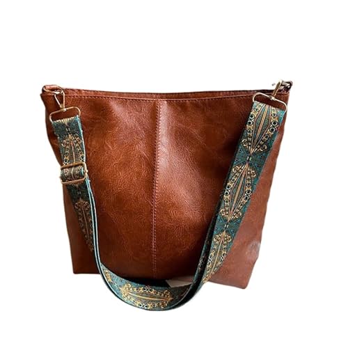 Leather Vintage Solid Color Women Fashion Shoulder Sling Bag High-Capacity Simple Adjustable Wide Strap Bucket Crossbody Bags