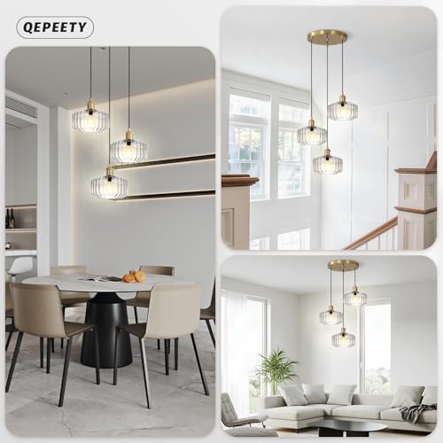 Image of 3-Light Glass Pendant Light Kitchen Island Mid Century Modern Pendant Gold Chandelier Clear Adjustable Hanging Pendant Lighting for Dining Room Light Fixtures Over Table, Living Room