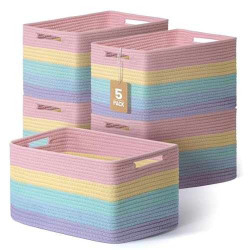 Yilobi 5 Pack Rainbow Woven Storage Baskets for Shelves Decorative Toy Baskets Organizer for Kids Room Nursery Playroom Classroom Colorful Cotton Rope Toy Storage Bins for Organizing & Decor