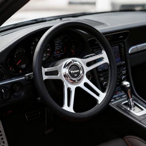 Pspeed 14 inch Universal Steering Wheel 6 Bolt Hole 4 Spoke Chrome-Plated Aluminum Alloy Deep Dish 70mm Classic Lychee Leather Grip with Horn Buttonn Fit for Cars for Classic Car for Vintage Car