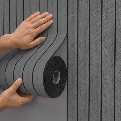 Image of Peel and Stick Wood Slat Wall Panels, Dark Gray, 236 x 15.7 in | 3D Fluted, PVC Paneling for Accent Wall, Ceiling, Living Room, Office, Bedroom