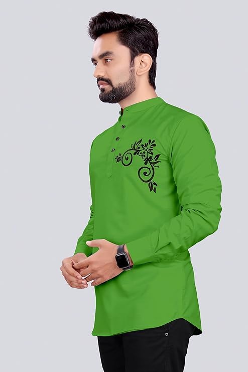 Image of DEELMO Men's Regular Fit Flower Pattern Short Kurta Light Green