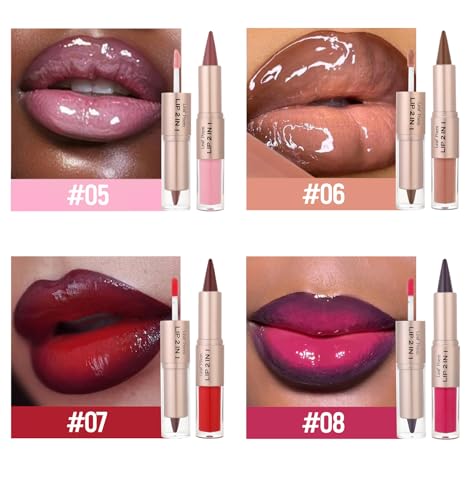 Image of BAISEN DIARY 2-in-1 Double-Ended Matte Lip Liner & Lip Gloss Duo, Cool Nude Brown Ombre Lip Combo Pencil, Lip Liner and Lipstick Gloss Set for Defined & Fuller Looking Lips, #01 Cool Nude Brown