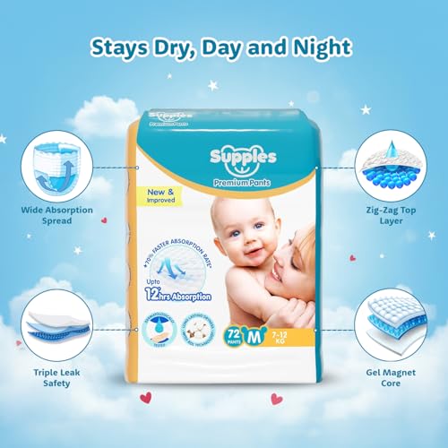 Image of Amazon Brand - Supples Premium Baby Diaper Pants | 72 Baby Diapers | Medium | 7-12 Kg | 12 Hrs Absorption | Cushiony Cotton Soft Fabric | Phthalates-Free | Triple Leak Guard